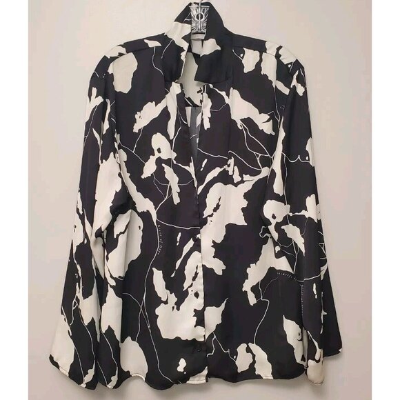 H&M Womens Blouse Size Medium Black Ivory Map Print Relaxed Oversize Boho Top - Picture 10 of 15